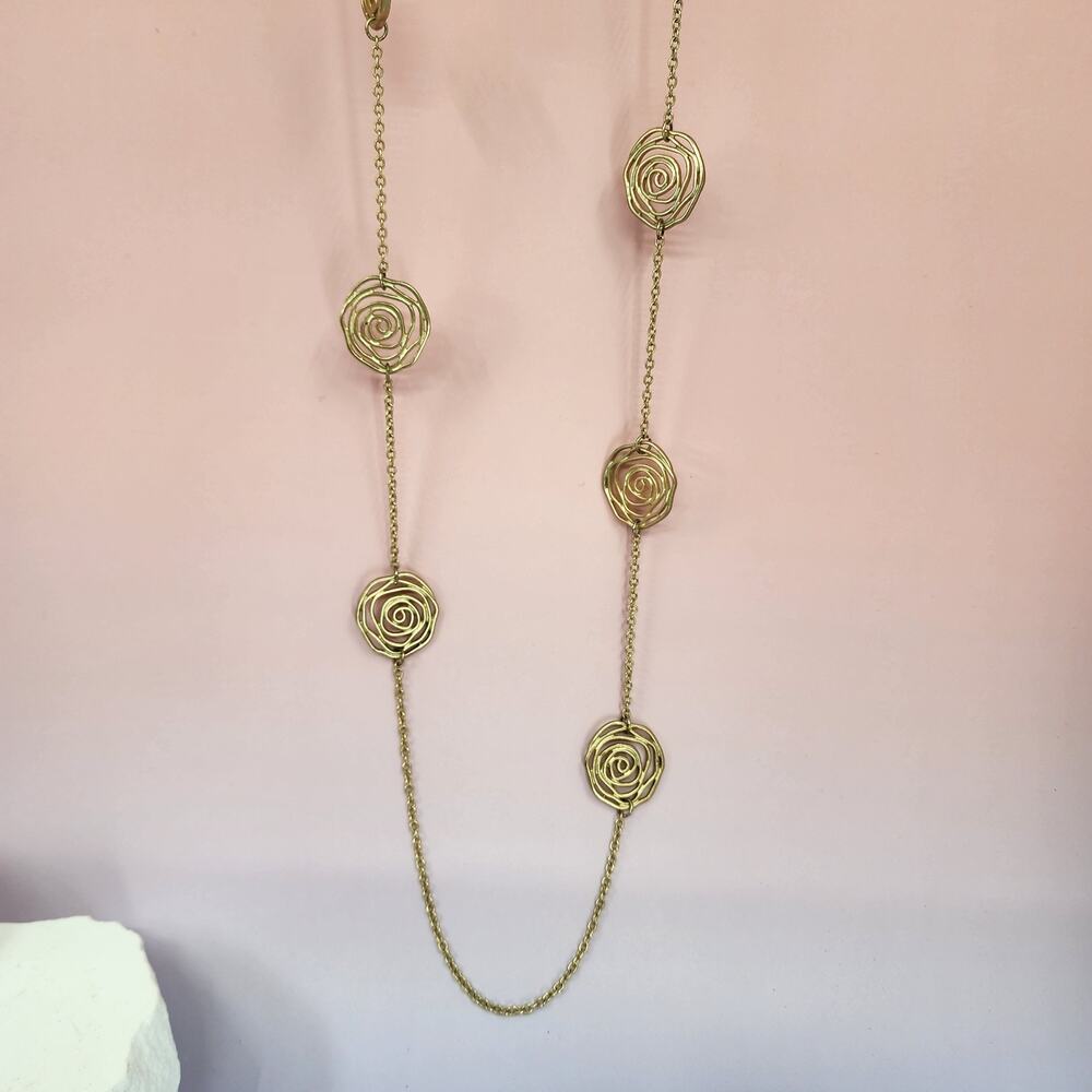 PURE Gold Tone Spiral Rose Station Long Necklace Boho Statement Floral 38in